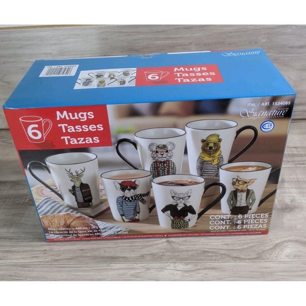 Box Set of 6 Signature Housewares Inc. Hipster Animal Mugs 16.5 oz New Sealed